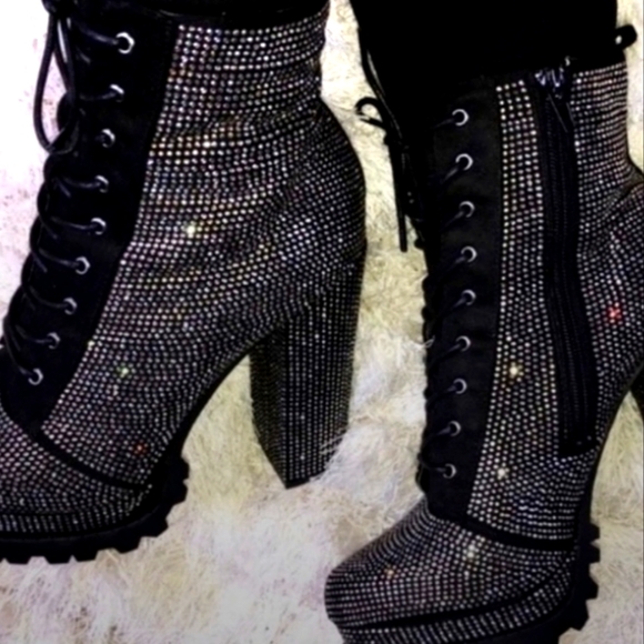 Black rhinestone embellished chunky heel platform boots booties - Picture 5 of 5